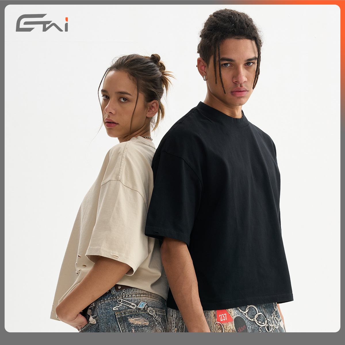 ETAI Men's Wear: High-quality, heavyweight pure cotton boxy short-sleeved men's T-shirts, a trendy brand of worn-out loose men's T-shirts Specification image