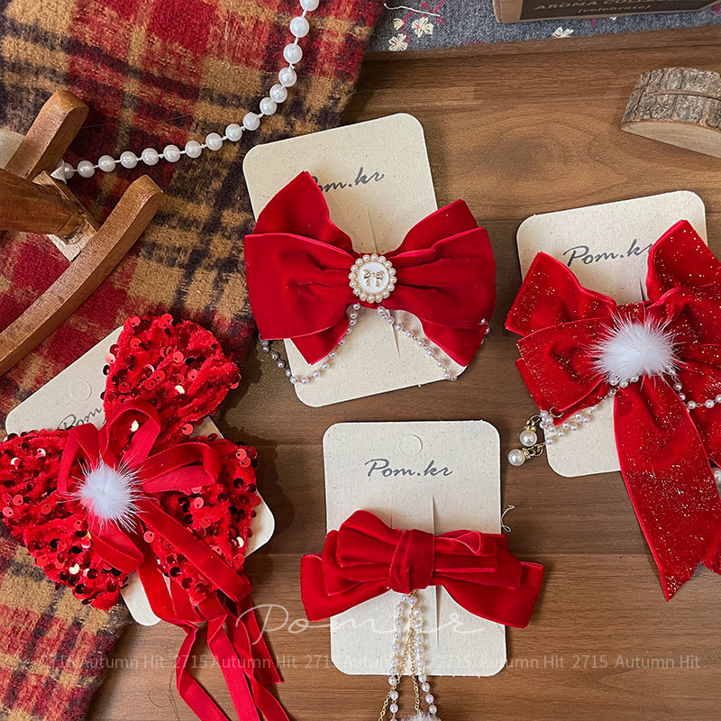 New Korean-style red bow hair clip, tassel, children's fabric, side fringed bangs clip, sweet handcrafted clip, red bow hair clip, ball pearl crown, sequined style, festive and delicate decorative hair accessory for girls Specification image
