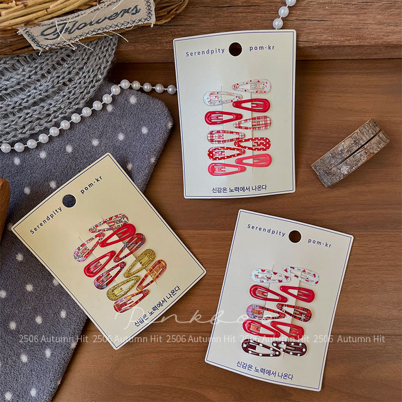 New Korean-style New Year's small waterdrop bb clip, handcrafted children's printed fringe clip, sweet edge clip, women's red checkered polka dot hair clip, multi-style set, exquisite daily headwear for girls
