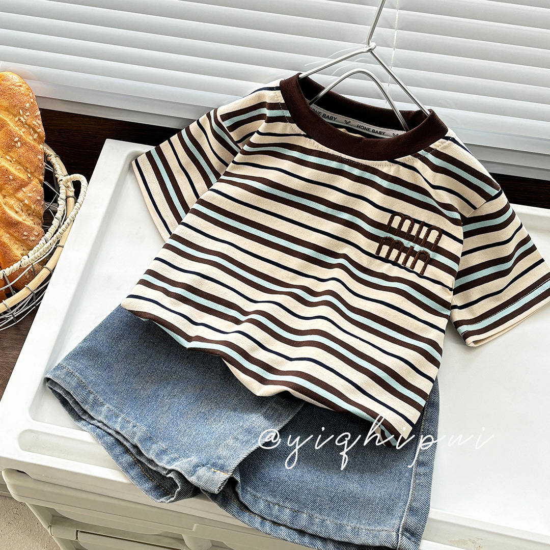 Summer new striped versatile men's and girls' short-sleeved trendy children's casual T-shirt, breathable, comfortable and loose version details Picture