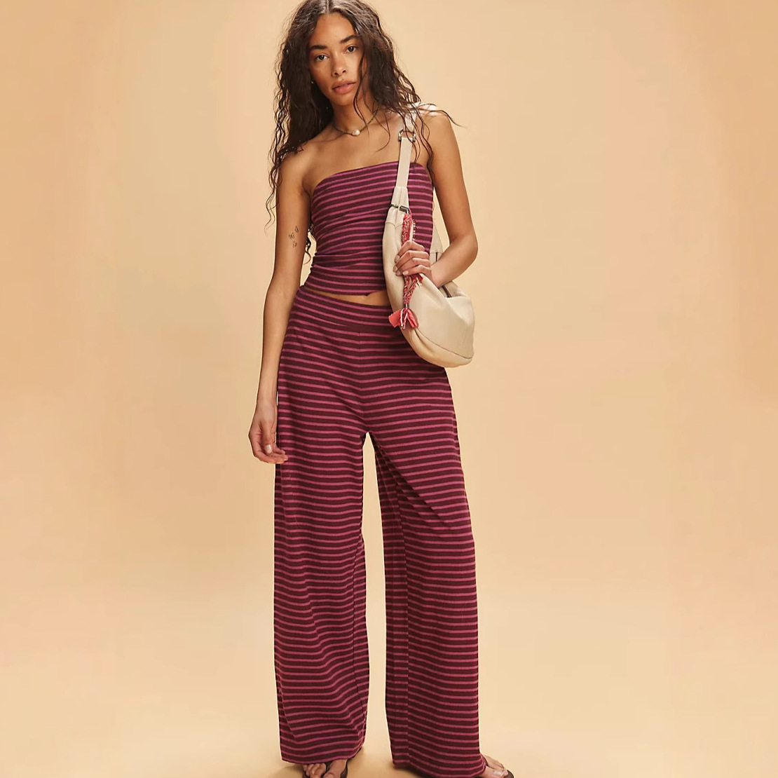 European and American sexy and slimming Amazon casual striped set, color-blocked strapless top, fashionable elastic trousers two-piece set full figure