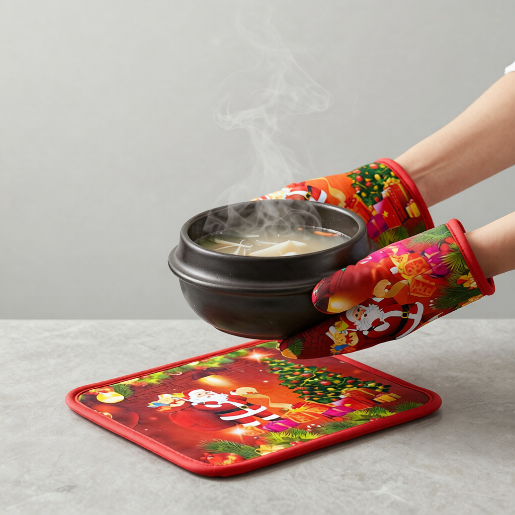 圣诞主题隔热手套垫子 黑色砂锅炖锅