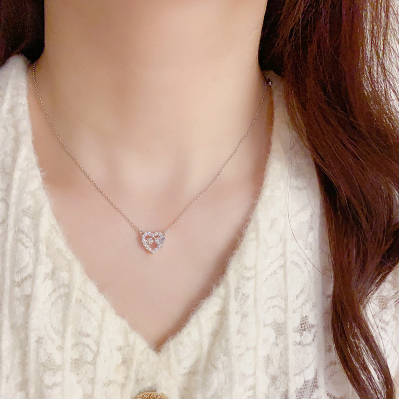 韩式高级感微镶满钻超闪粉色镂空爱心项链女甜美气质锁骨链项饰品细节图