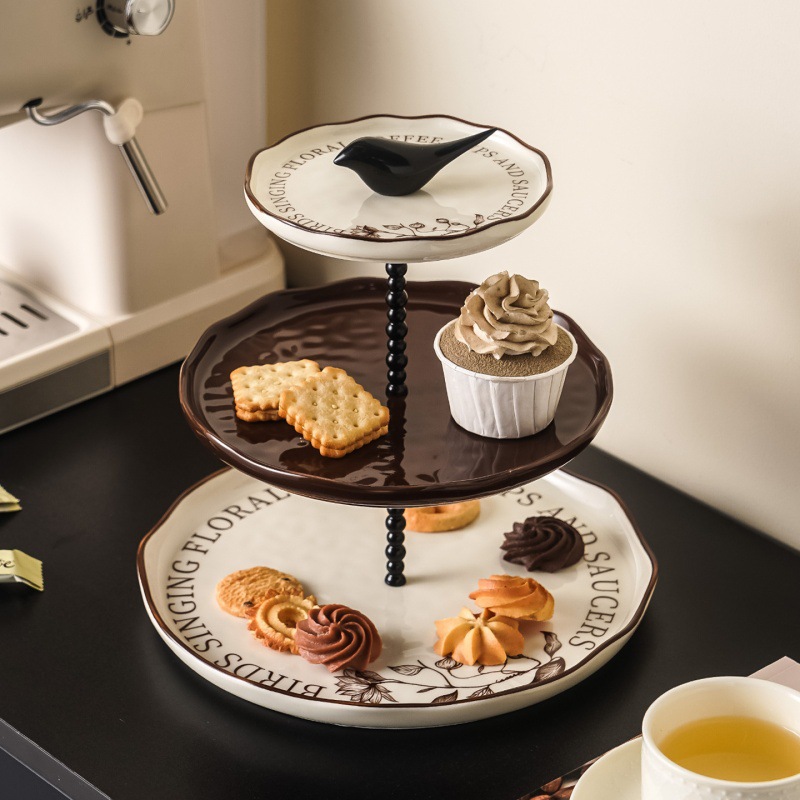 ins Flower-and-bird Ceramic multi-layer skewer pastry plate, high appearance level cake plate, dessert rack, creative afternoon tea fruit plate