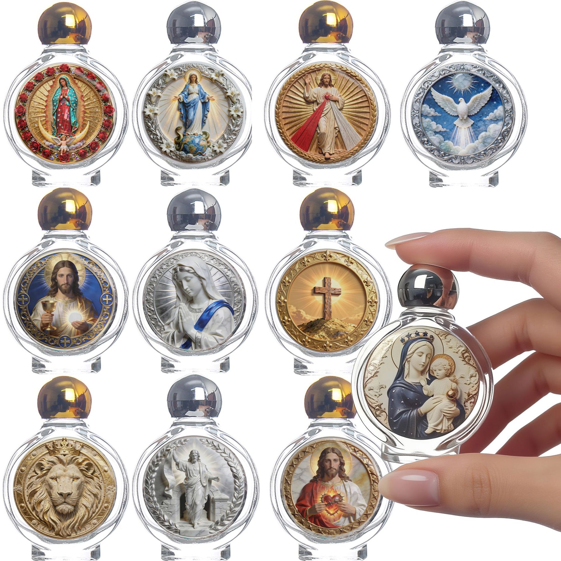 Cross-border 15ml glass HolyWaterBottle (HolyWaterBottle) Circular religious sticker baptism water bottle ornament Item Picture