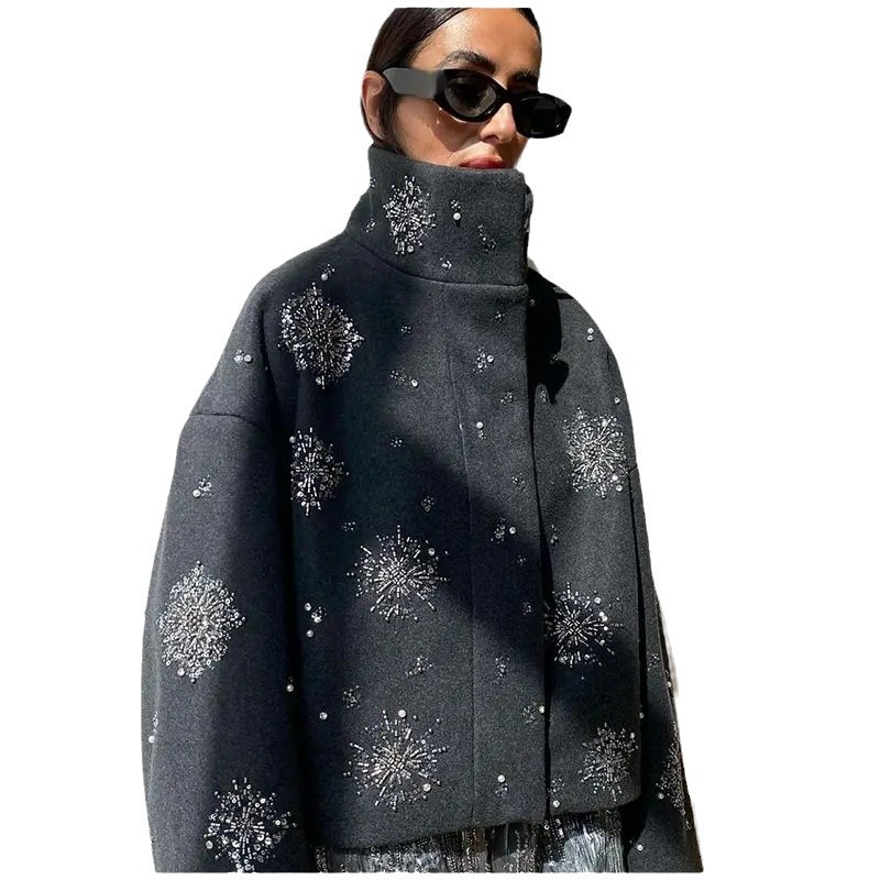 European and American cross-border 2024 Autumn/winter women's jacket, personalized street loose single-breasted stand-up collar floral sequined jacket Item Picture