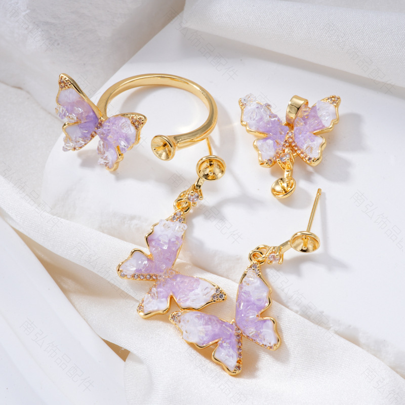 Pearl ring, earneedle pendant, micro-inlaid three-piece set, empty tray butterfly style, oil-dripping design, high-end DIY light luxury accessory