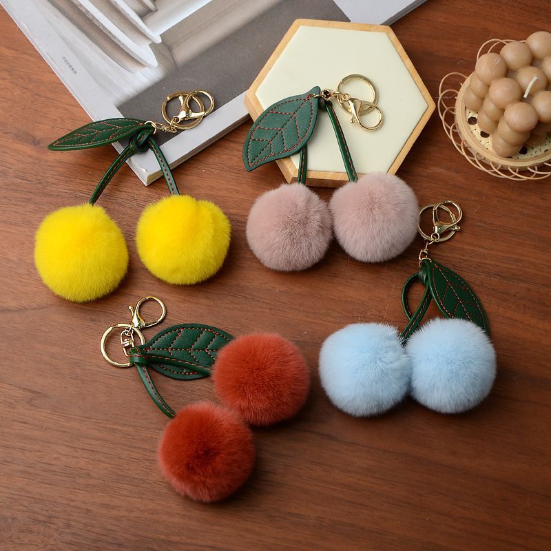 Wholesale imitation rex rabbit fur, small cherry car keychains, pendants, plush balls, dolls, schoolbags, bag hanging decorations, and pendants