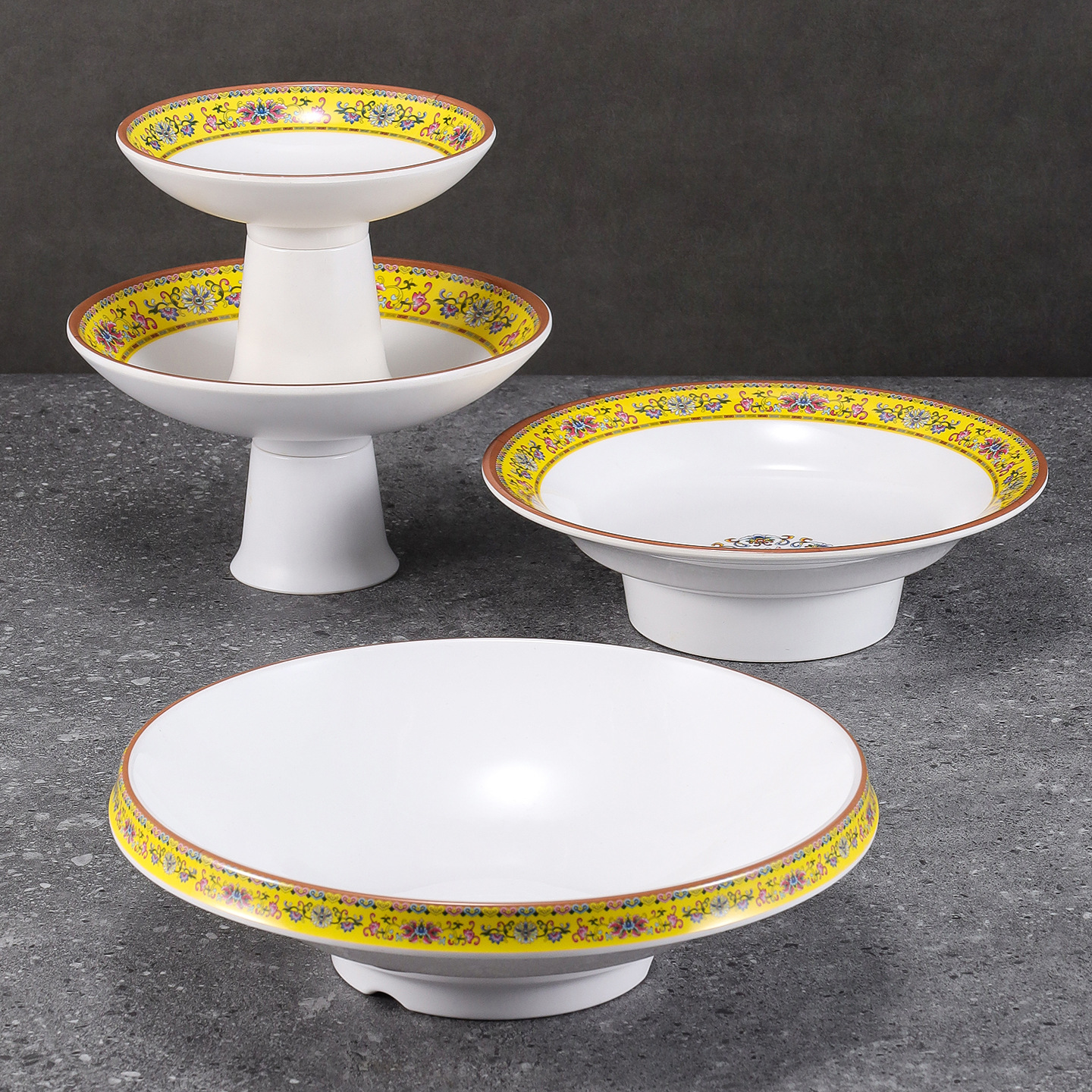 Melamine high foot plates, creative enamel color tableware, ethnic restaurants, hotels, cold dish plates, pastry, snack and fruit plates, commercial use Specification image
