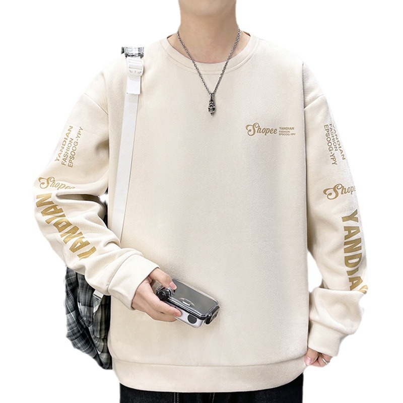 Men's long-sleeved T-shirt, spring and autumn trendy brand ins round-neck suede printed sweatshirt, men's base layer shirt, top for teenagers Item Picture