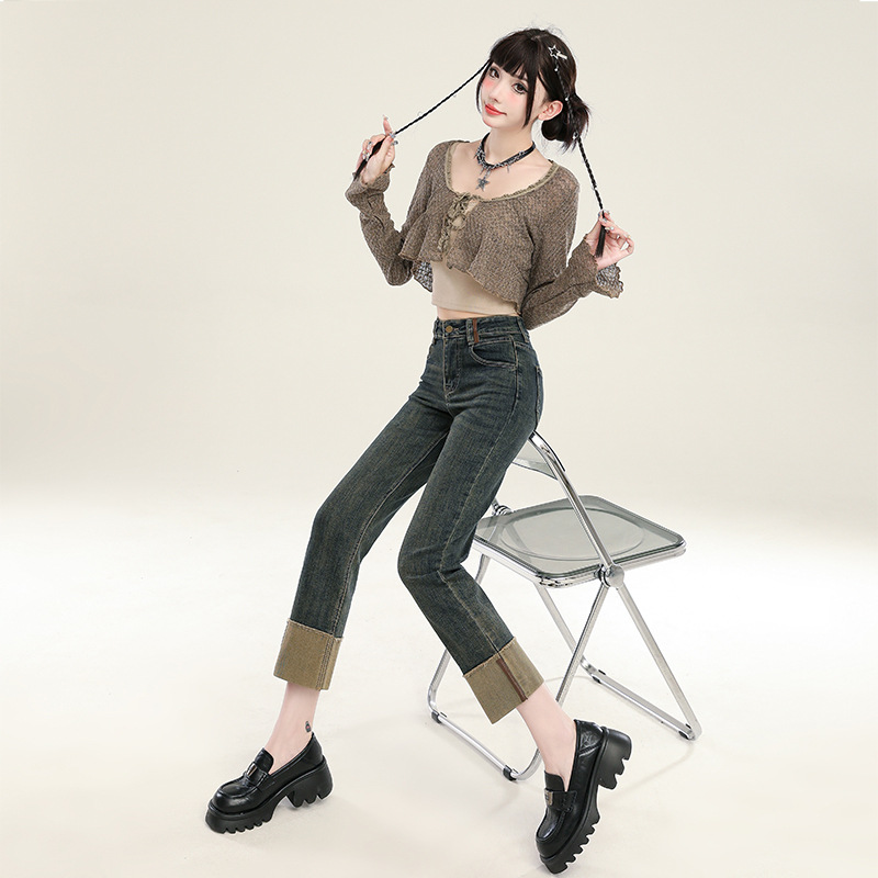 牛仔裤/带钻牛仔裤/牛仔裤阔腿/牛仔短裤女/阔腿裤产品图