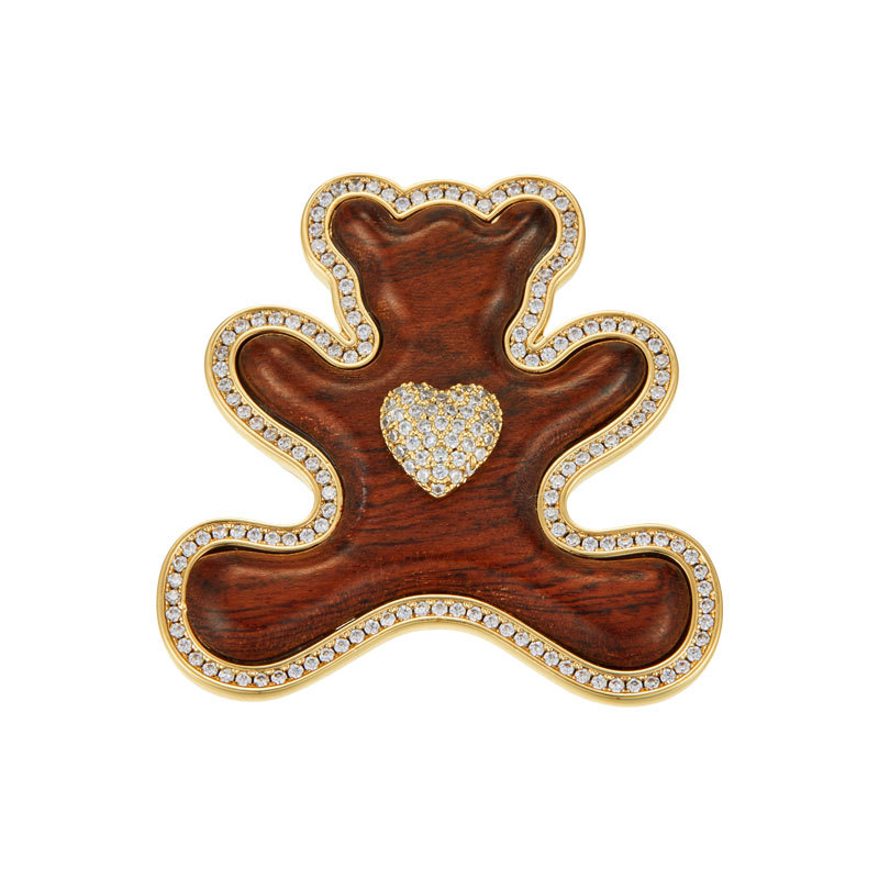 Original high-end wooden bear brooch, cute and adorable, copper alloy micro-inlaid zircon, real gold electroplated exquisite pin Item Picture