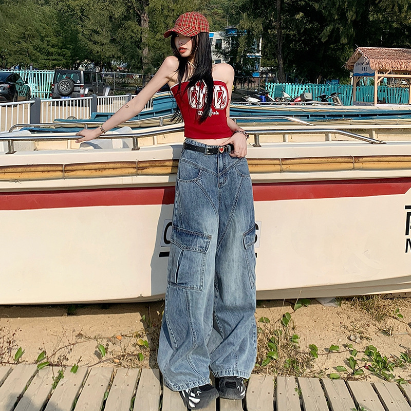 mali玛莉&美式复古｜斜线分割设计｜阔腿牛仔工装裤女丙纶长裤