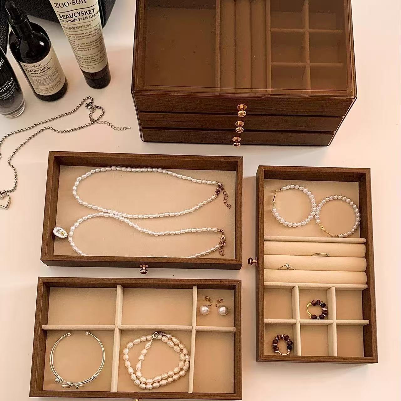Multi-layer jewelry box, necklace, earrings, walnut wood grain, large-capacity storage box, brown acrylic jewelry box Specification image