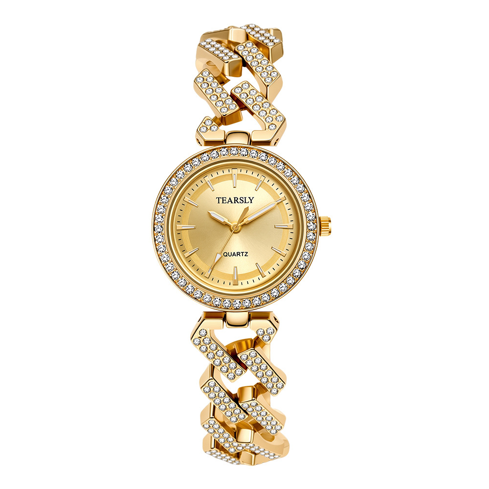 Cross-border bestseller, full-diamond round women's watch, new Cuban chain quartz watch, luminous watch, women's wholesale customization Item Picture