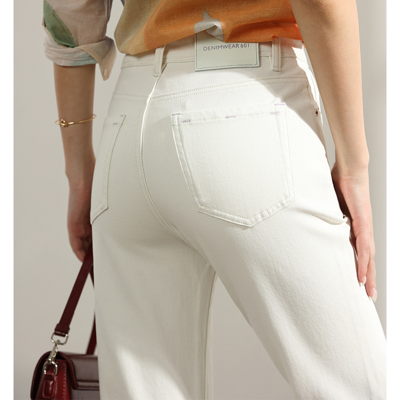Factory direct sales of new versatile and simple beige cigarette pants, women's four-sided elastic straight jeans, and women's 9-inch pants Application Scenario