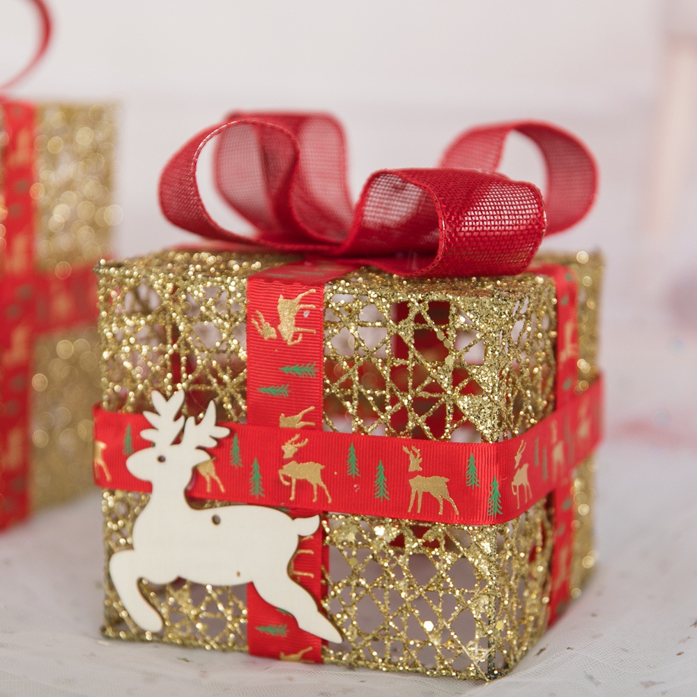 圣诞节闪粉铁艺礼盒三件套 圣诞道具厂家批发橱窗摆件圣诞礼盒细节图