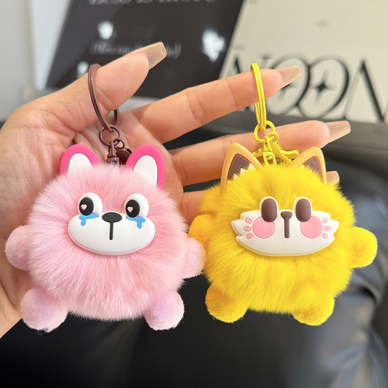 Cute imitation rex rabbit fur coal ball car keychain pendant, simple and girlish plush toy schoolbag hanging decoration gift details Picture