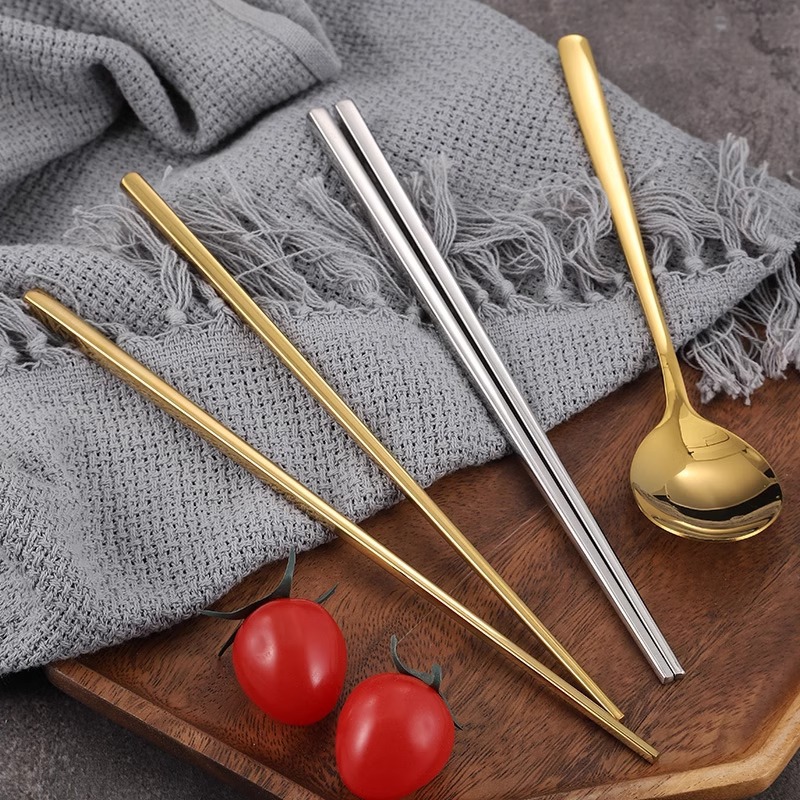 Korean-style 304 stainless steel chopsticks, household anti-slip flat chopsticks, solid golden chopsticks and spoons, square commercial barbecue restaurant tableware Specification image