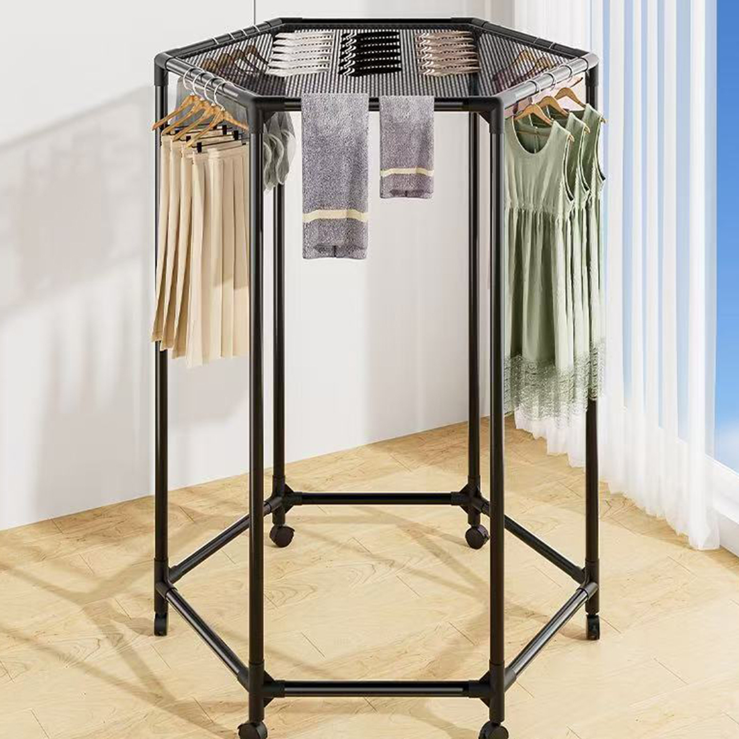 Hexagonal rotating clothes rack, floor-standing multi-layer clothing storage rack with grid layers for shoes, cross-border supply Specification image
