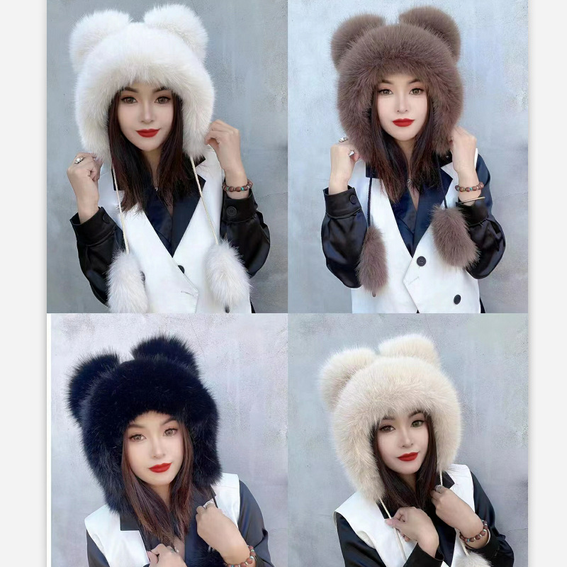 New cute bear-ear hats imitating fox fur autumn and winter hats, women's winter fur hats, stylish ski caps for warmth Application Scenario