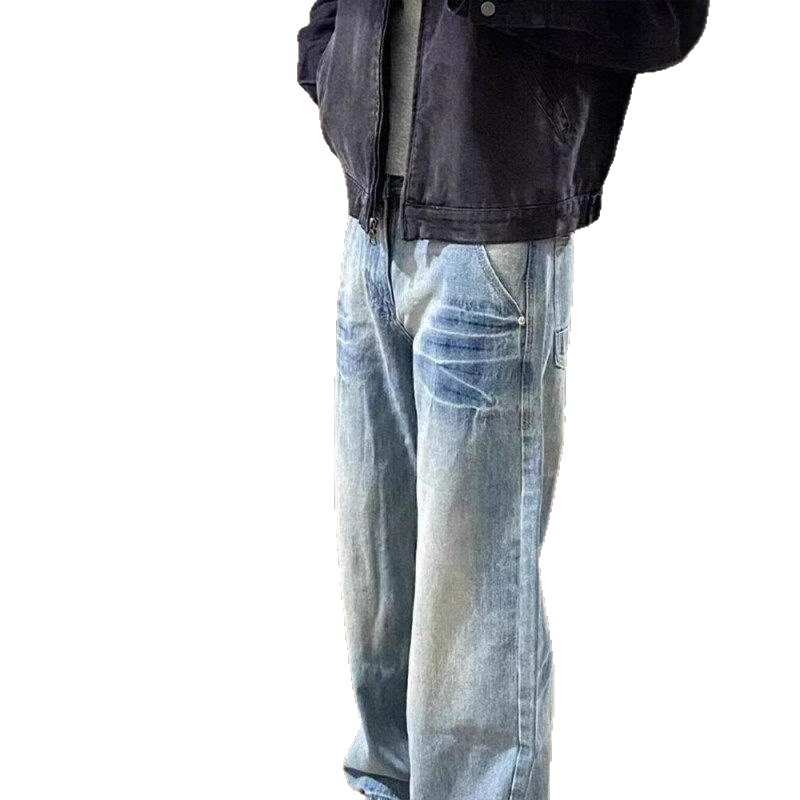 Washed blue straight-leg jeans for men, spring and autumn style American high street vibe pants, cleanfit curved slightly flared trousers Item Picture