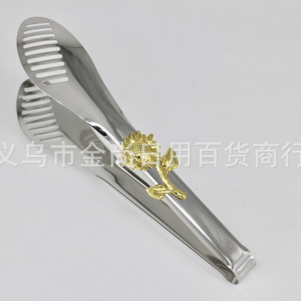 New silver sunflower stainless steel outdoor barbecue tongs, buffet public food tongs, Western restaurant steak tongs Specification image