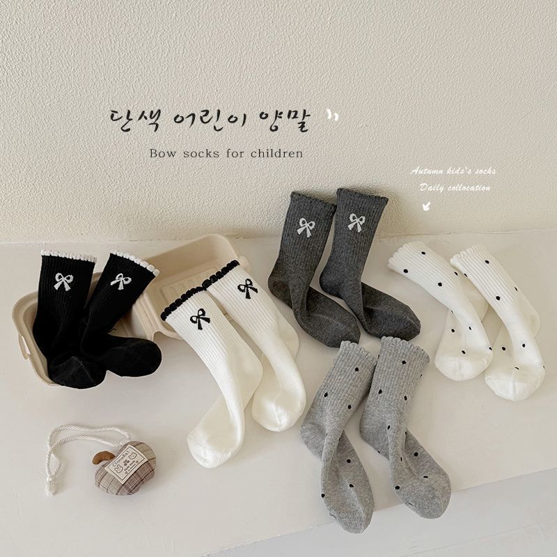 Girls' socks, spring and autumn cotton socks, children's Korean style ins bow lace socks, autumn girls' mid-calf socks, cotton socks Specification image