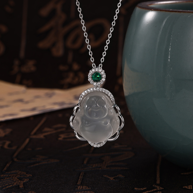 Buddha Gong necklace accessory for women's light luxury niche collarbone chain 2026 New style white chalcedony pendant high-end sweater necklace details Picture