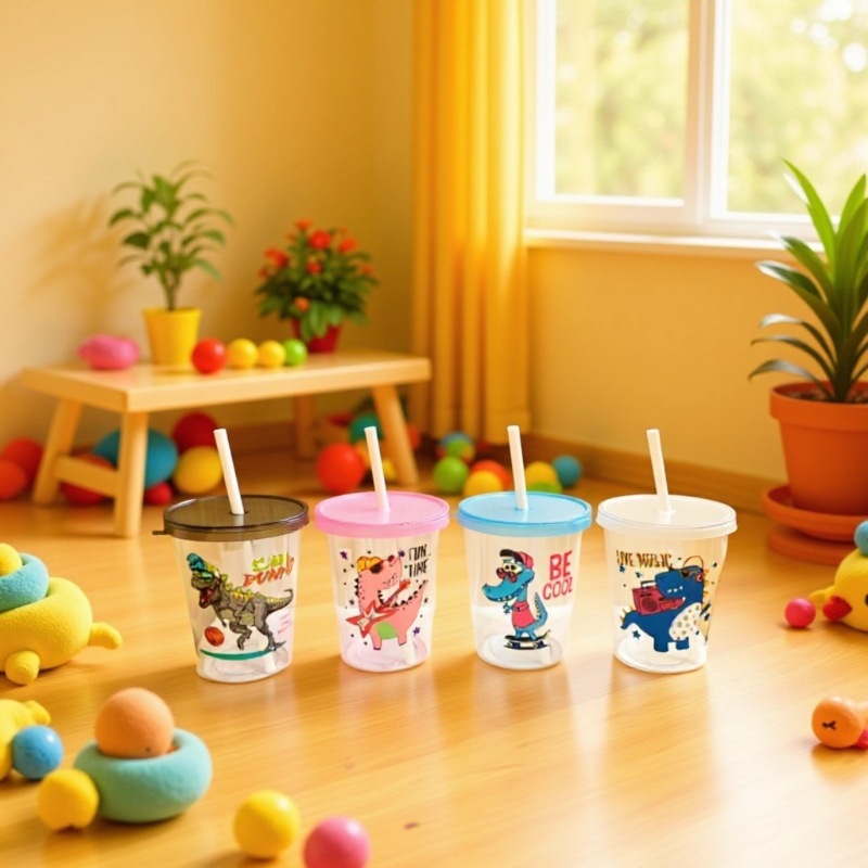 东南亚吸管杯小恐龙图案PP水杯带盖居家日用饮料杯儿童吸管塑料杯