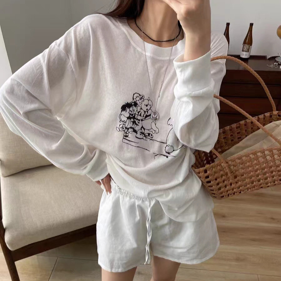 现货2025夏季新款韩国东大门圆领超萌卡通印花防晒长袖T恤上衣女