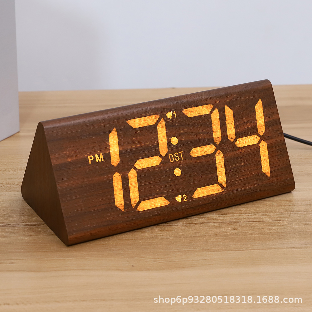 厂销LED木头钟数字夜光静音电子闹钟办公电子钟多功能学生时钟产品图