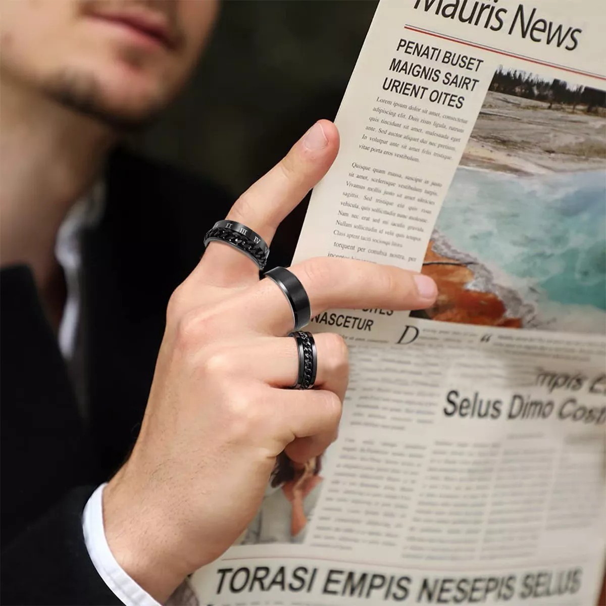 Wholesale of new 6-piece sets of jewelry from Amazon in Japan and South Korea, including chain-rotating titanium steel rings and stress-relieving rotating hand rings details Picture