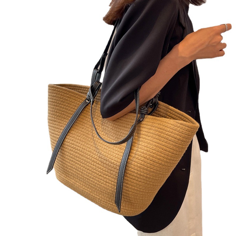 Bolsas de tejido transfronterizo de hilo de algodón bolsas de mujer bolsas de hilo grueso de mano bolsas tejidas de moda de verano bolsas de hombro multiplas vacaciones junto al mar bolsas de playa mujeres verano tote bolsas simples tote bolsas tejidas Item Picture
