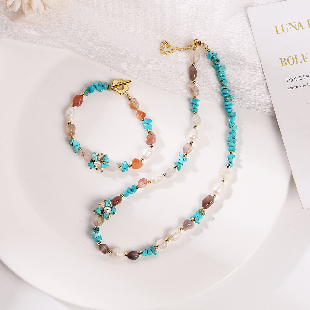 松石水红玛瑙巴洛克天然珍珠项链轻奢饰品小众百搭气质复古锁骨链