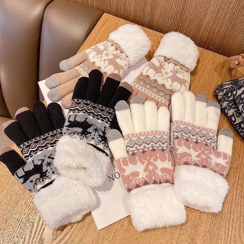 Chunda cross border fawl warm knit guantes para mujeres otoño invierno más peludo y engrosado doble capa cinco dedos pantalla táctil guantes