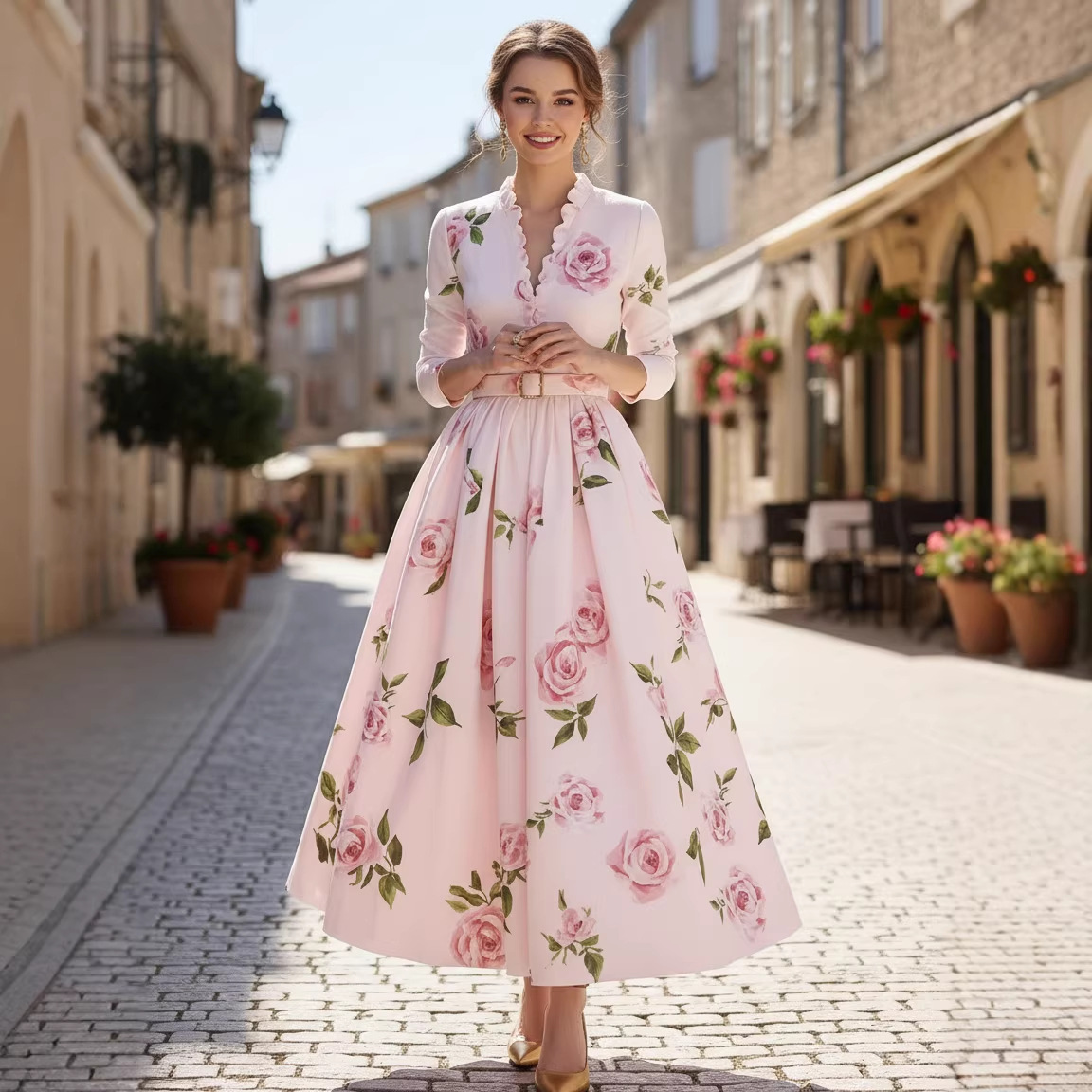 2026 Amazon Print V-neck cinched waist long-sleeved A-line women's dress Long dress, artistic, retro, fashionable and elegant Application Scenario