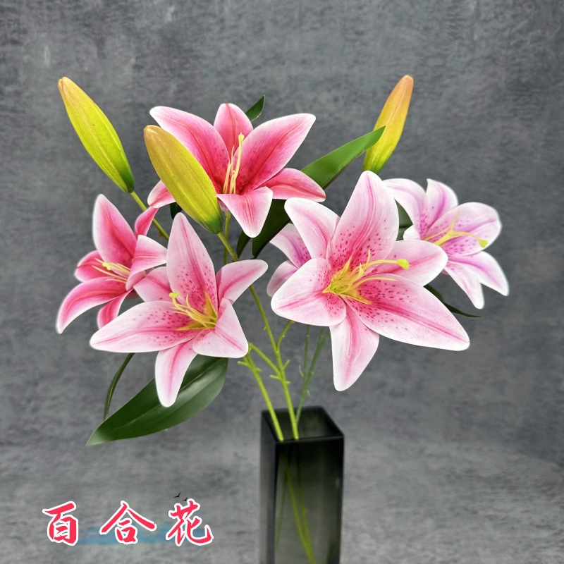 仿真3D打印胶布百合花婚礼装饰道具2花1蕾香水百合仿真花假花批发细节图