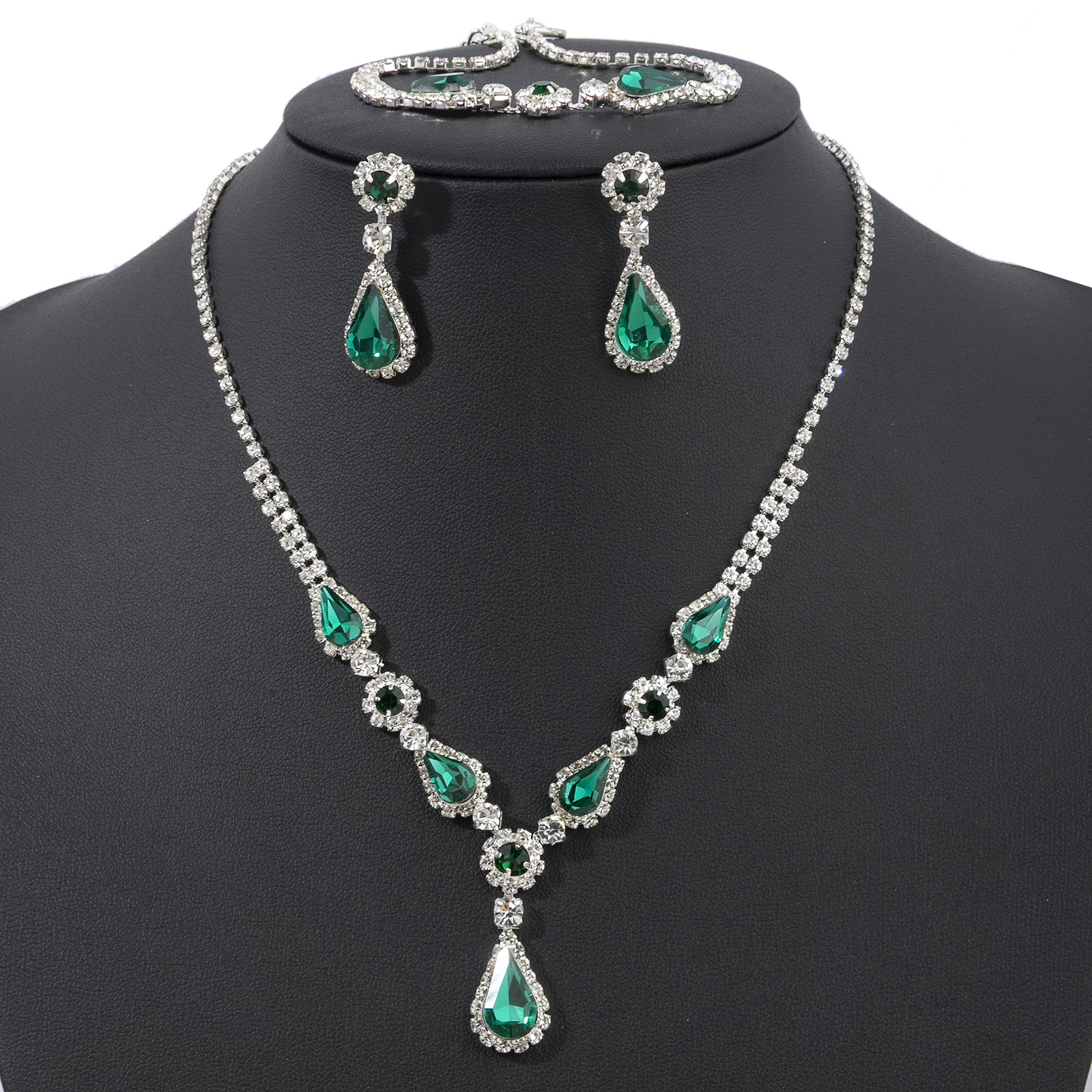 Three-piece set of luxury jewelry for cross-border European and American brides, green rhinestone teardrop-shaped jewelry set, wedding dress accessories for women details Picture