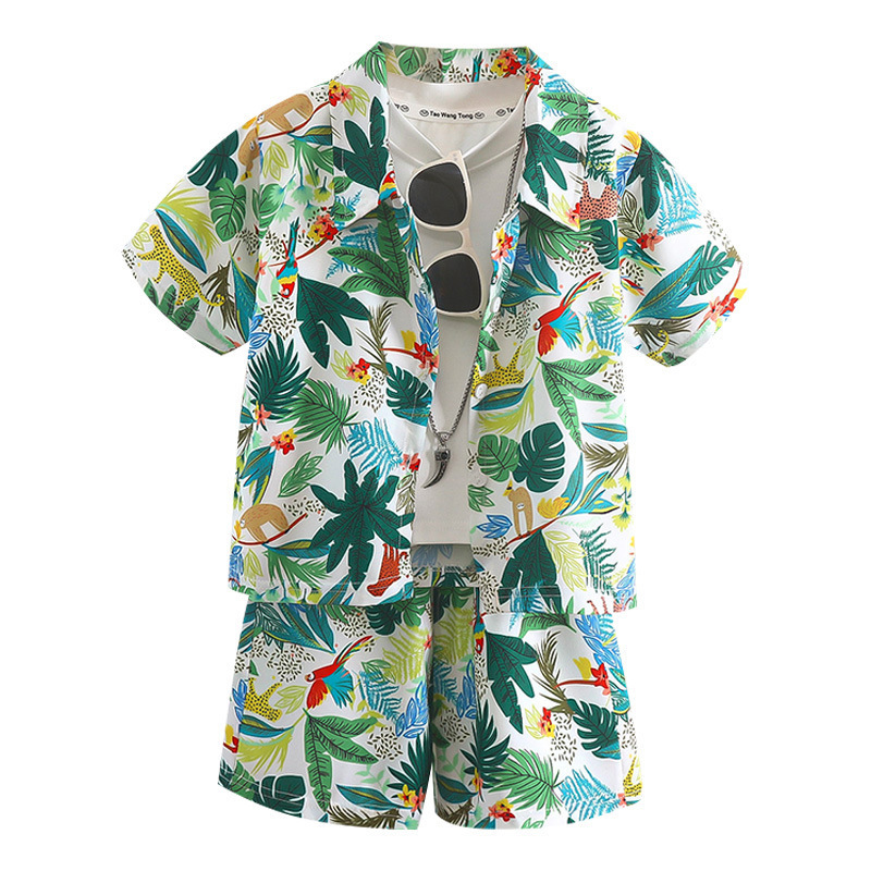 New boys' lapel short-sleeved suit, two-piece sand beach Hong Kong-style printed shirt set, summer thin vacation floral shirt Application Scenario