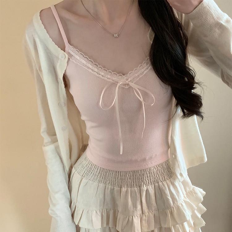 纯欲蕾丝花边背心女带胸垫短款甜美内搭外穿蝴蝶结美背上衣夏季新款详情2