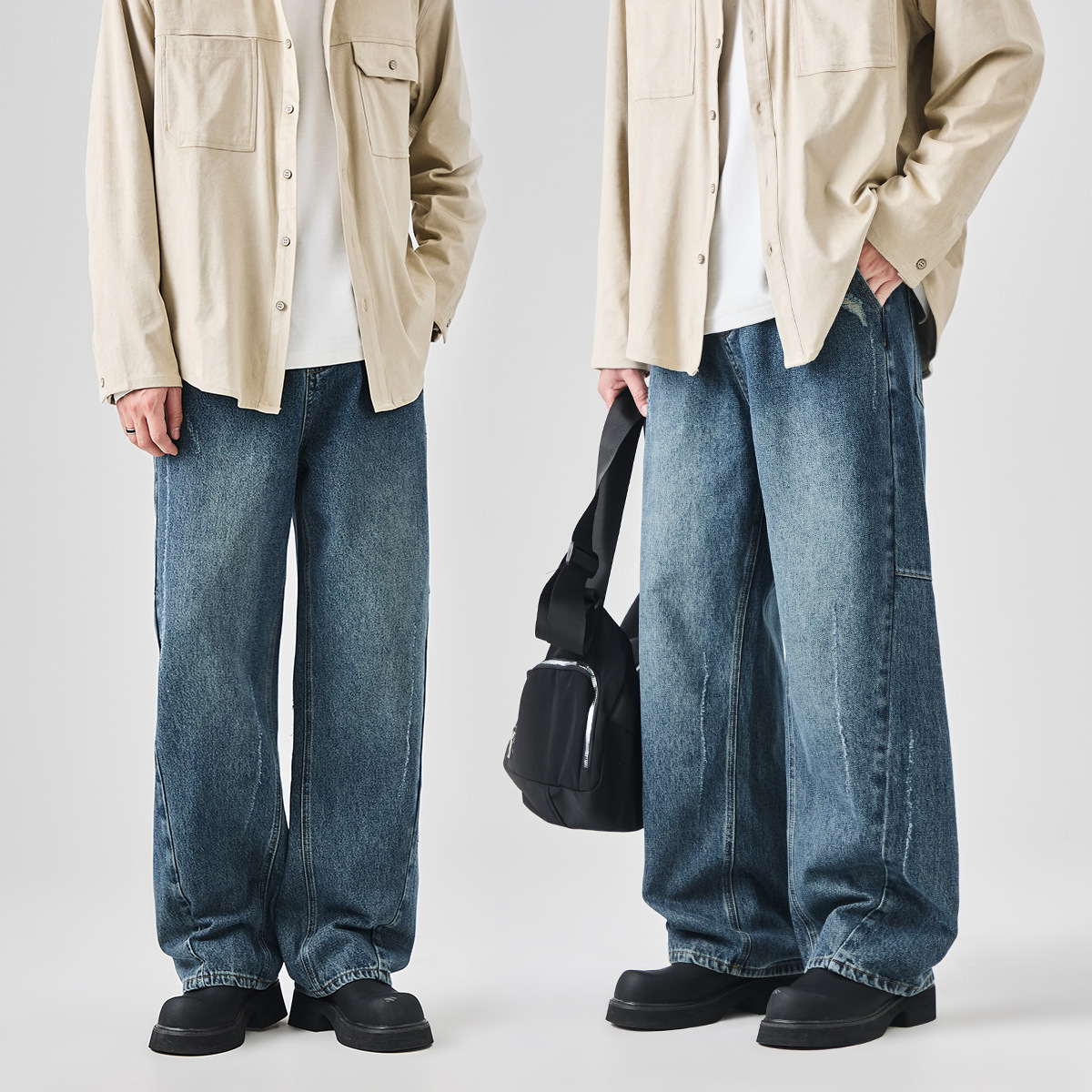 APO Men's Wear: Cross-border washed, ripped and scratched jeans for men's autumn American high street trend loose straight-leg trousers Specification image