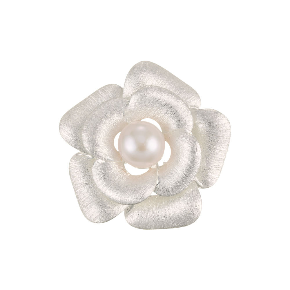 Francés elegante plata cepillado camellia broche luz lujo premium sensación perla de agua dulce calado flor broche broche Item Picture