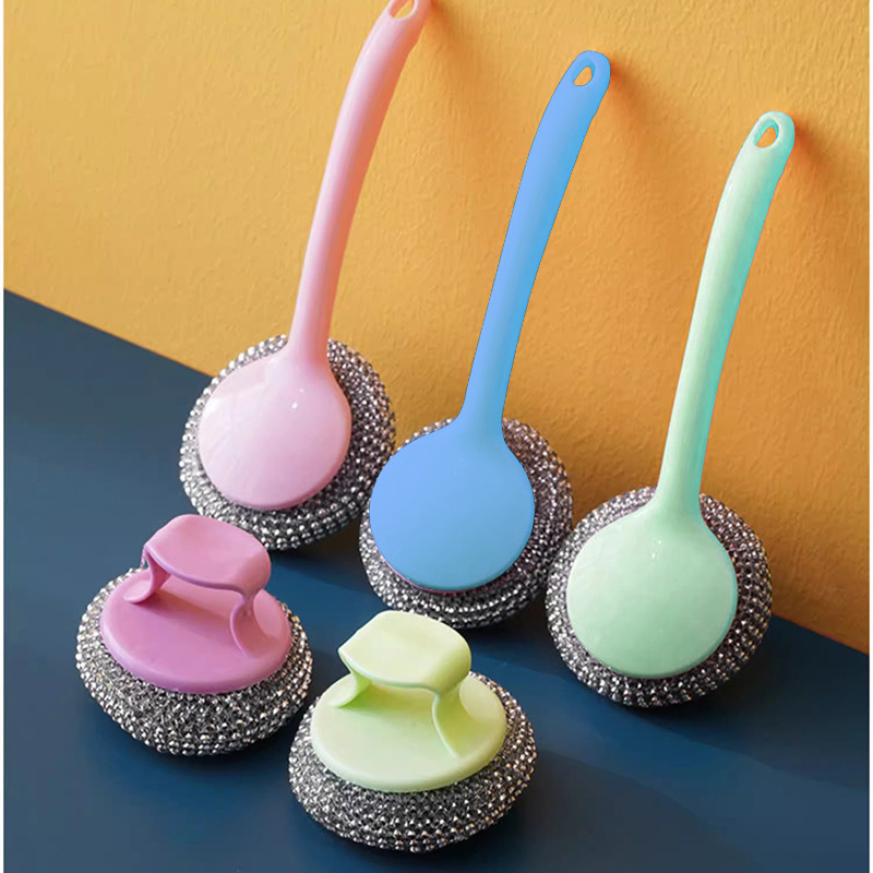 Kitchen cleaning brush with handle, replaceable head pot brush, multi-functional dishwashing brush, cleaning ball, steel wool ball, long-handled pot brush