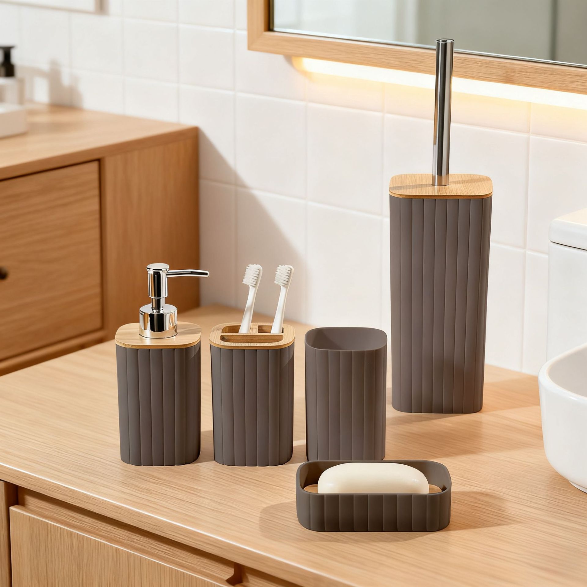 YUFEI Bamboo and Wood cover Striped bathroom and washbasin 6-piece Set, Hotel plastic washbasin storage bathroom 6-piece set Application Scenario