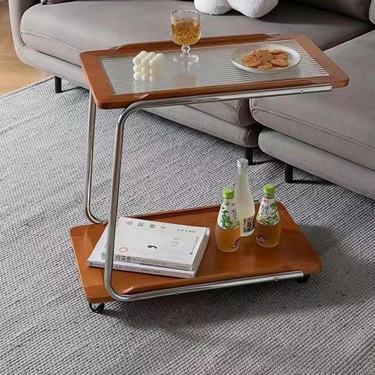 Side table, living room coffee table, mobile trolley, simple solid wood glass storage rack, popular sofa, home corner table Specification image