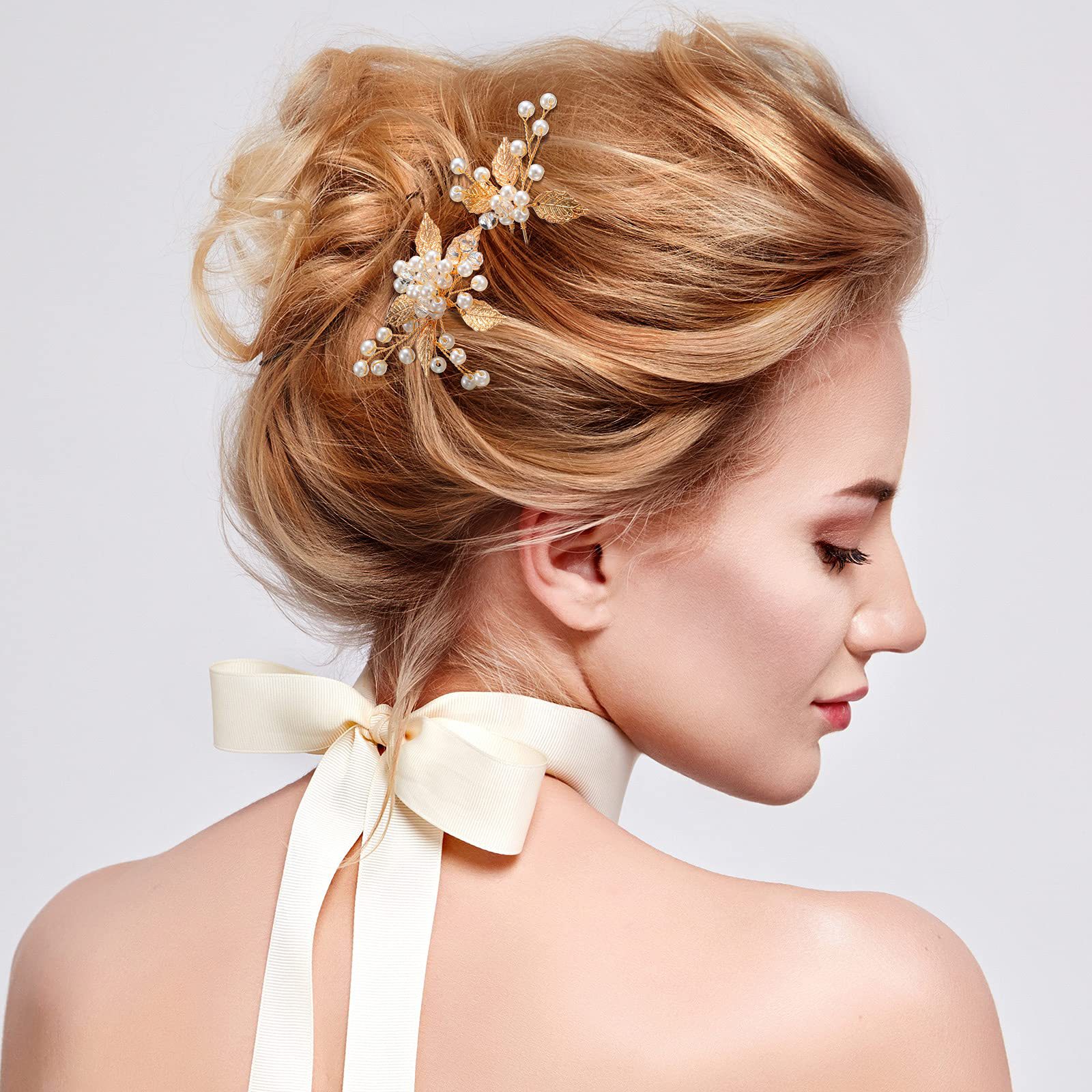 Hot-selling golden European and American style bride headwear, handcrafted pearl hair accessories, wedding updo accessories, hair forks, hairpin covers Specification image