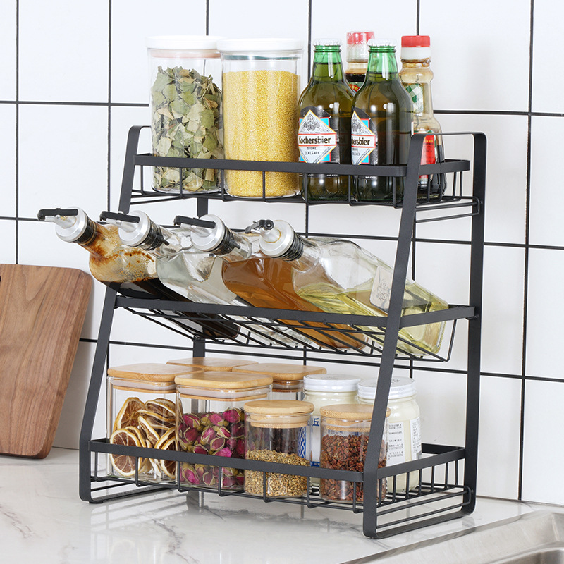 Creative seasoning rack, kitchen storage rack, black three-layer sauce bottle and jar seasoning rack Specification image