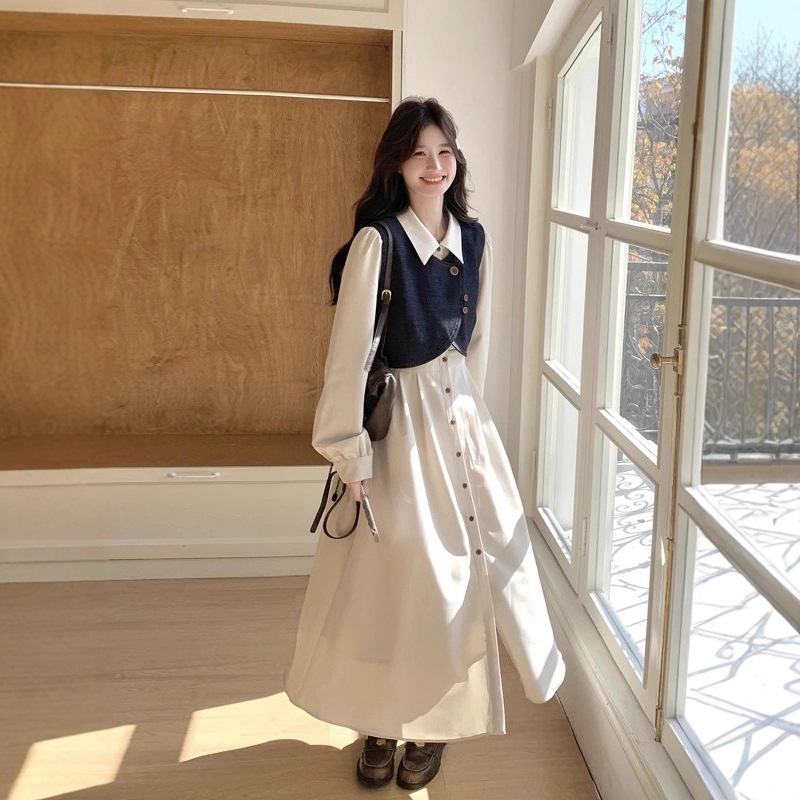 法式气质穿搭牛仔马甲连衣裙套装女2025秋季新款衬衫裙超火两件套