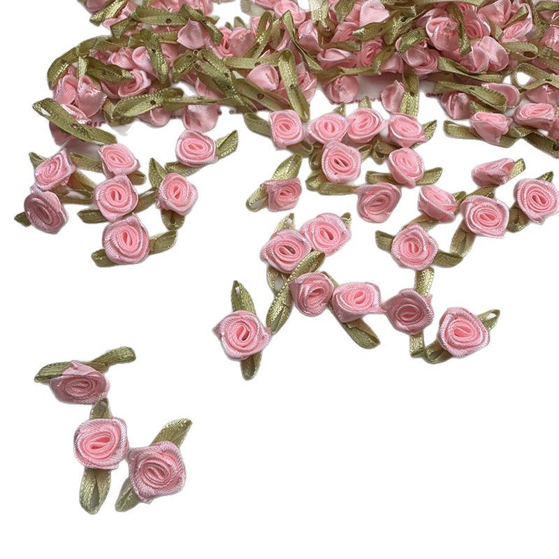 玫瑰花现货绿叶玫瑰手工花朵发饰辅料辅料公仔配饰饰品配件缎带加白底实物图